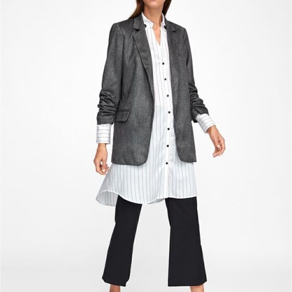 Zara Grey Boyfriend Grey Pinstripe Oversized Blazer Sz S